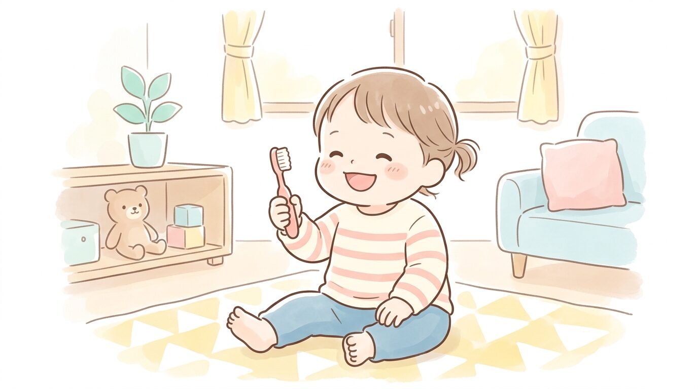 明るいリビングで1歳児が自分用の歯ブラシを持って笑顔で遊んでいる様子