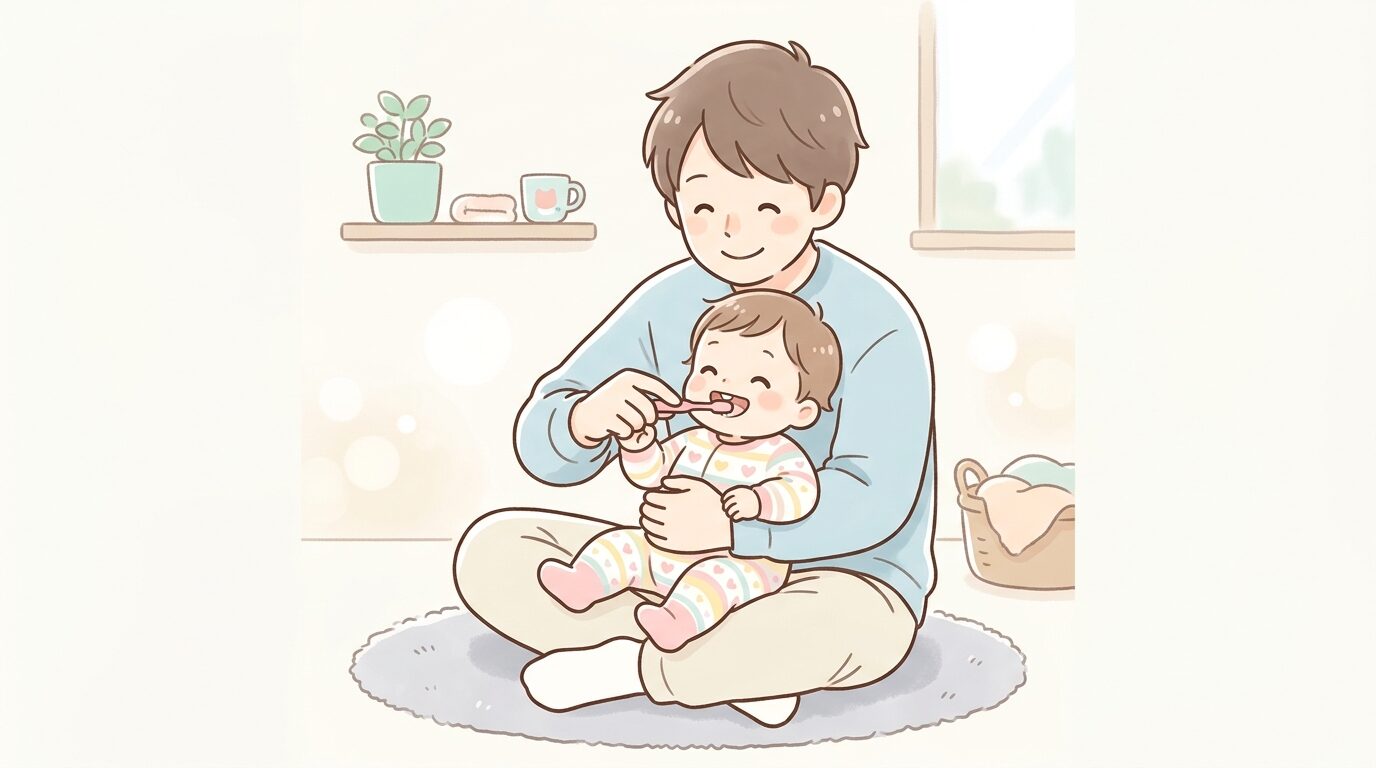 パパが子どもを膝にのせて優しく仕上げ磨きをしている温かいシーン