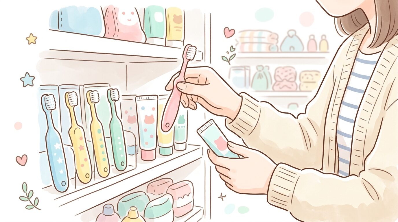ドラッグストアの棚で子ども用歯ブラシと歯磨き粉を選ぶ母親の手元