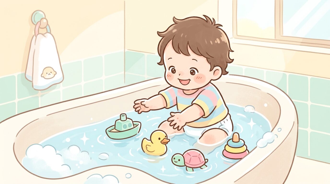 湯船の中でお風呂用おもちゃに手を伸ばして笑顔を見せる1歳児の様子