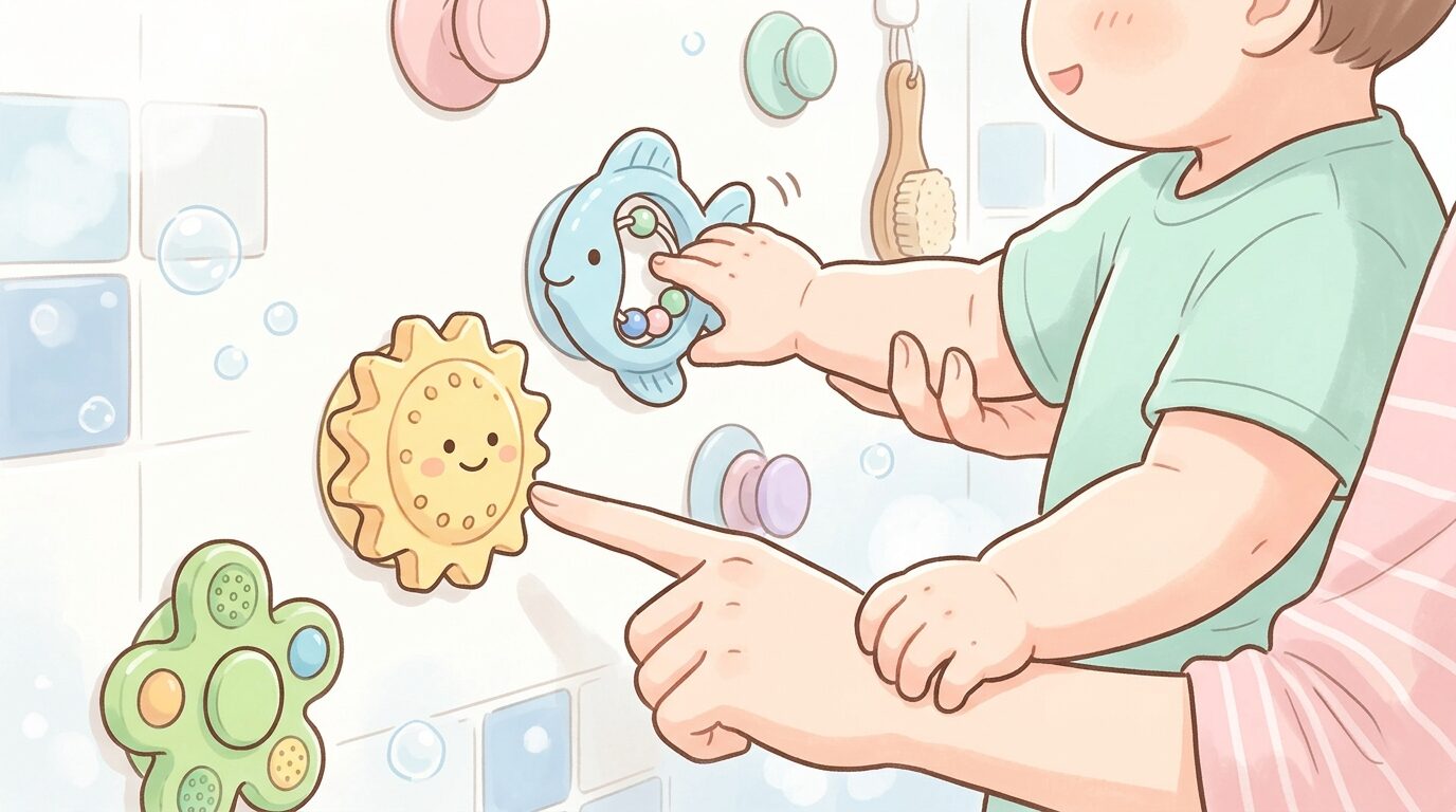 お風呂の壁に吸盤で貼り付けた知育おもちゃで遊ぶ親子の手元アップ