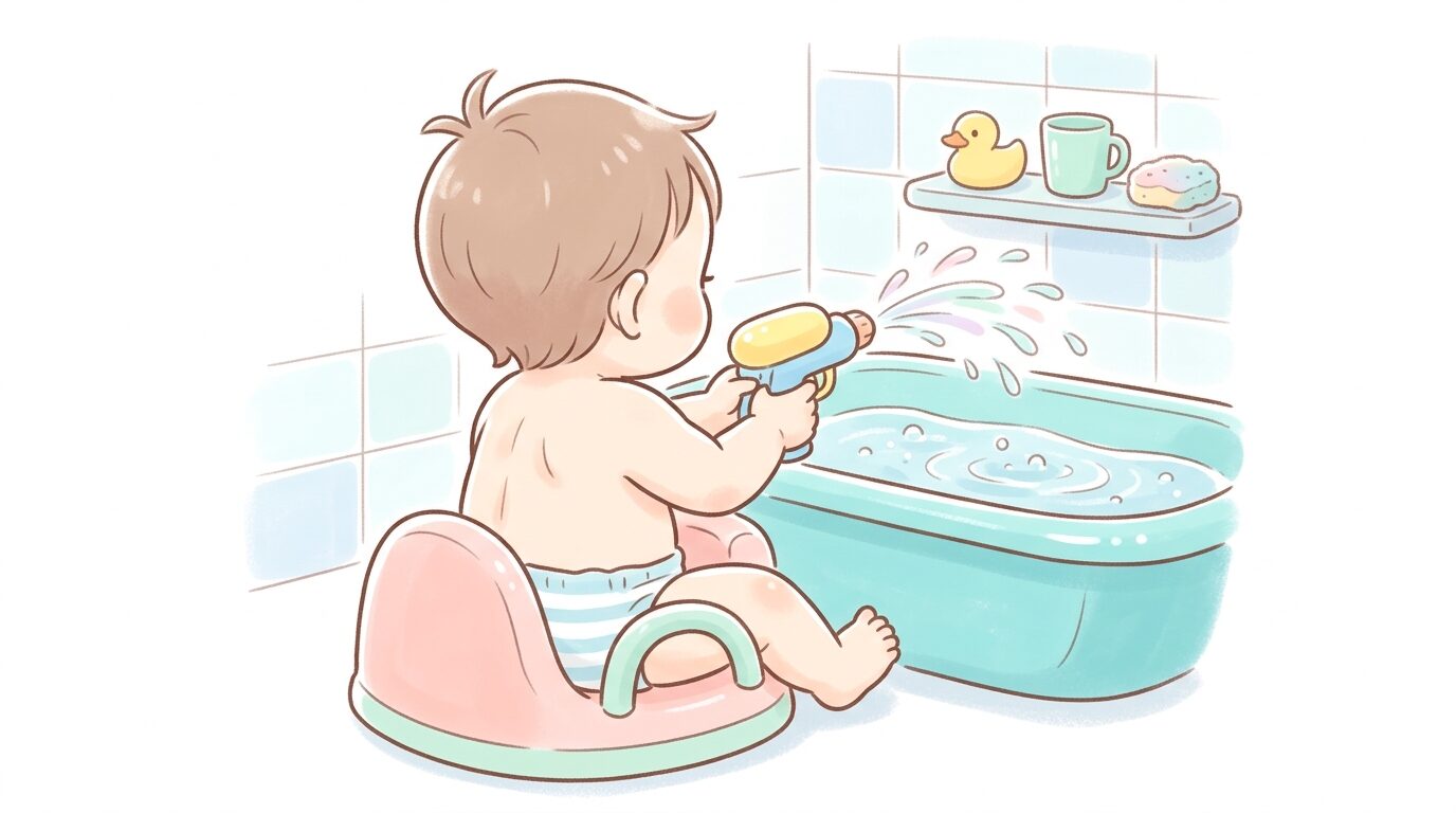バスチェアに座り水鉄砲おもちゃで遊ぶ楽しそうな1歳児の後ろ姿