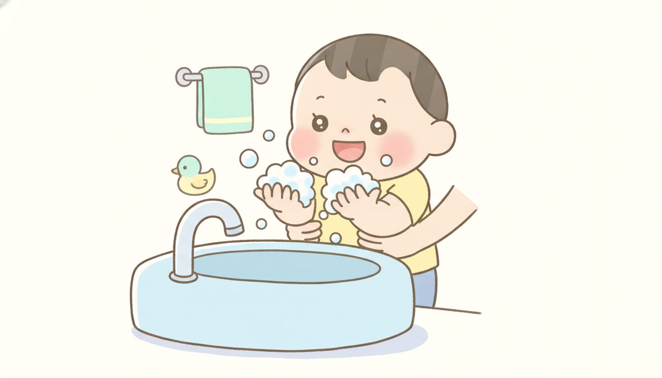 洗面台の前で親に抱っこされながら泡だらけの両手を見つめる1歳児の笑顔