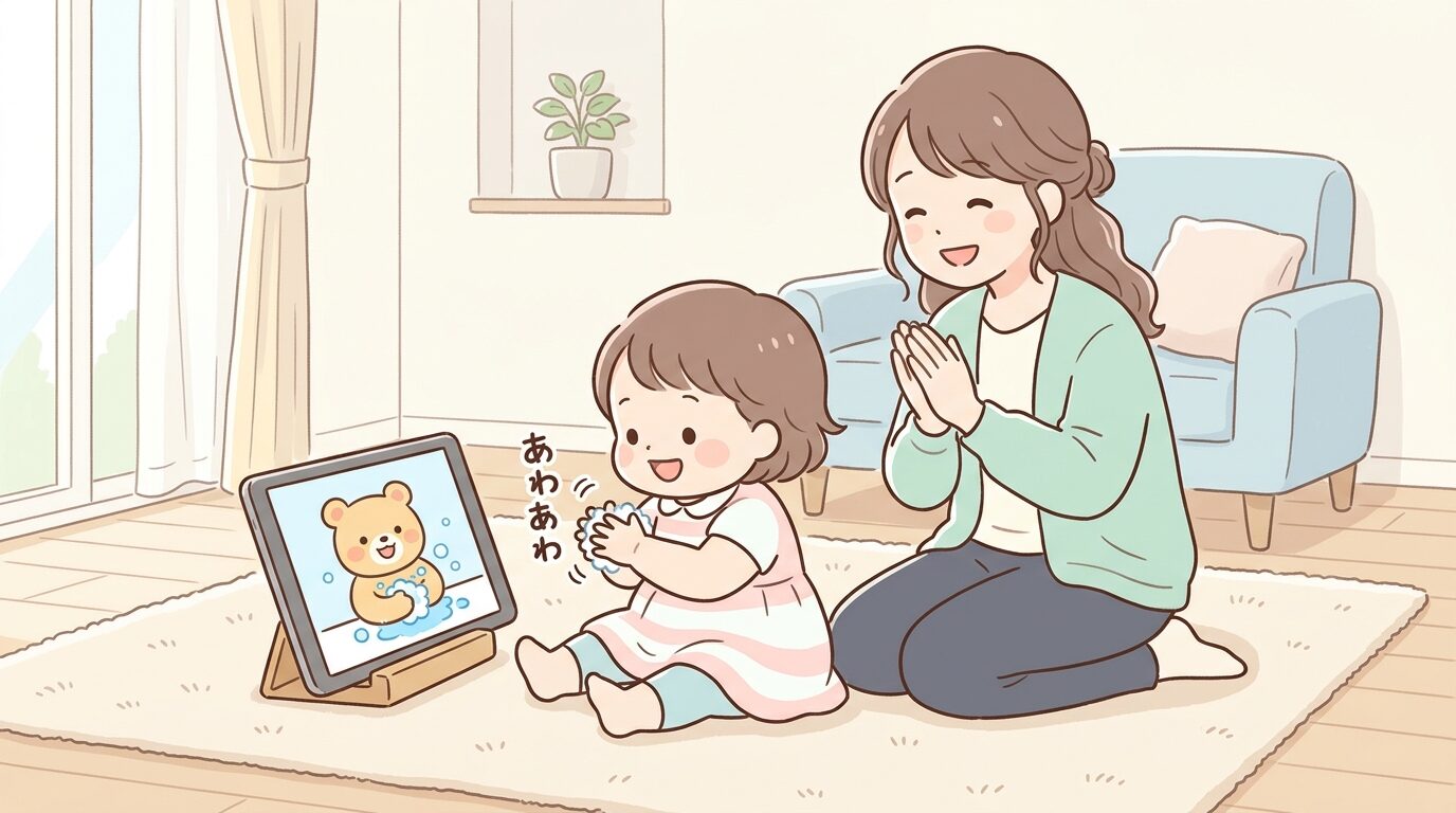 リビングでタブレットの手洗いアニメーションを見ながら真似をする1歳児と見守る母親