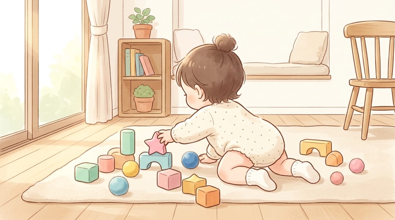 リビングの床でカラフルな積み木やボールに手を伸ばす1歳児の後ろ姿、あたたかい日差しが差し込む室内