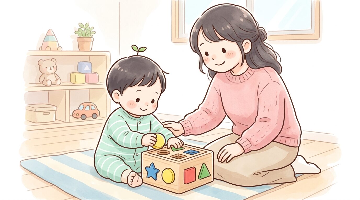 型はめパズルに真剣な表情で取り組む1歳児と、隣でやさしく見守る親のあたたかい様子
