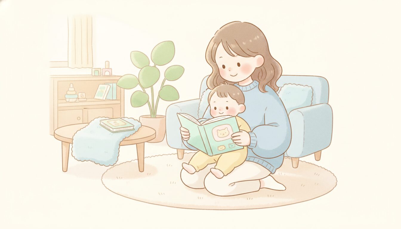 リビングのラグの上で1歳児に絵本を読み聞かせる若い母親、柔らかい自然光が差し込む温かい雰囲気