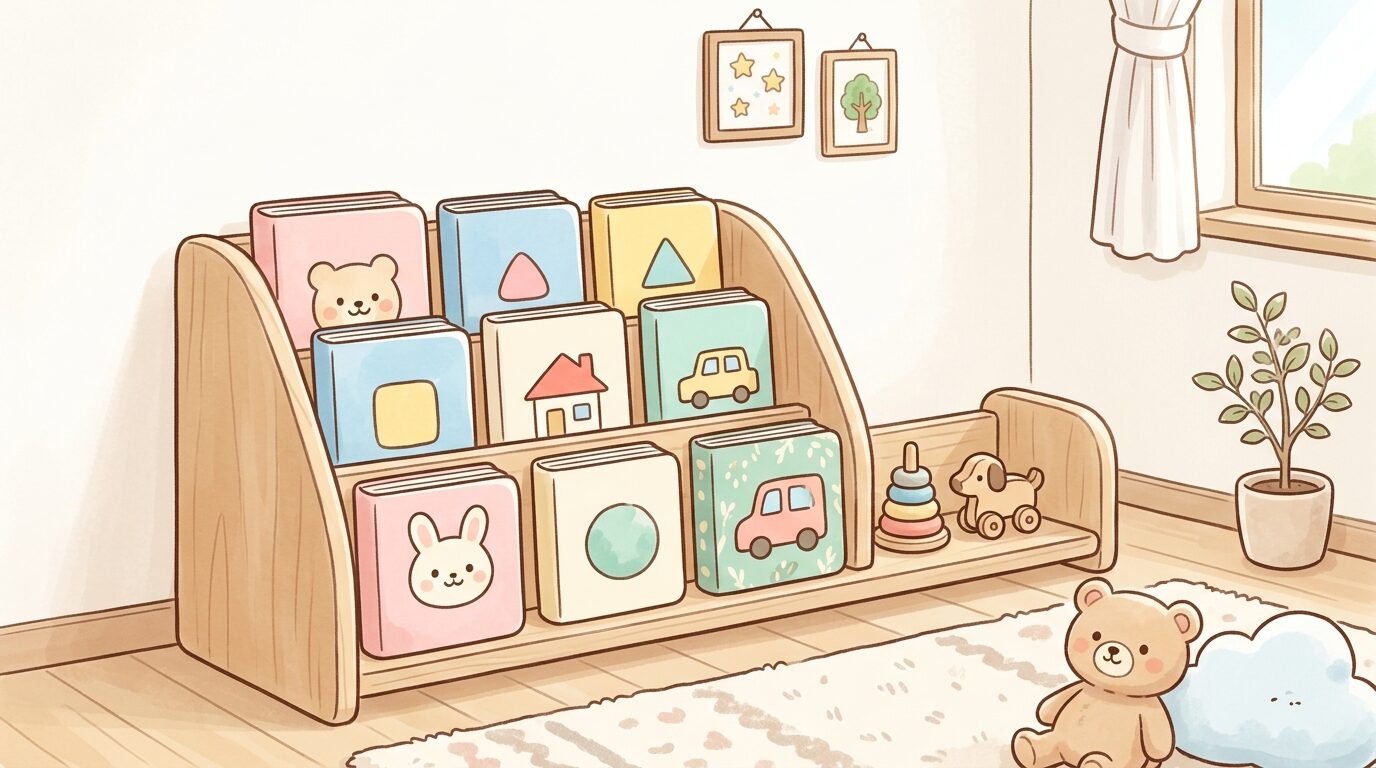 木製のシンプルな絵本ラックに並んだ厚紙製のボードブック絵本、明るい子ども部屋のインテリア