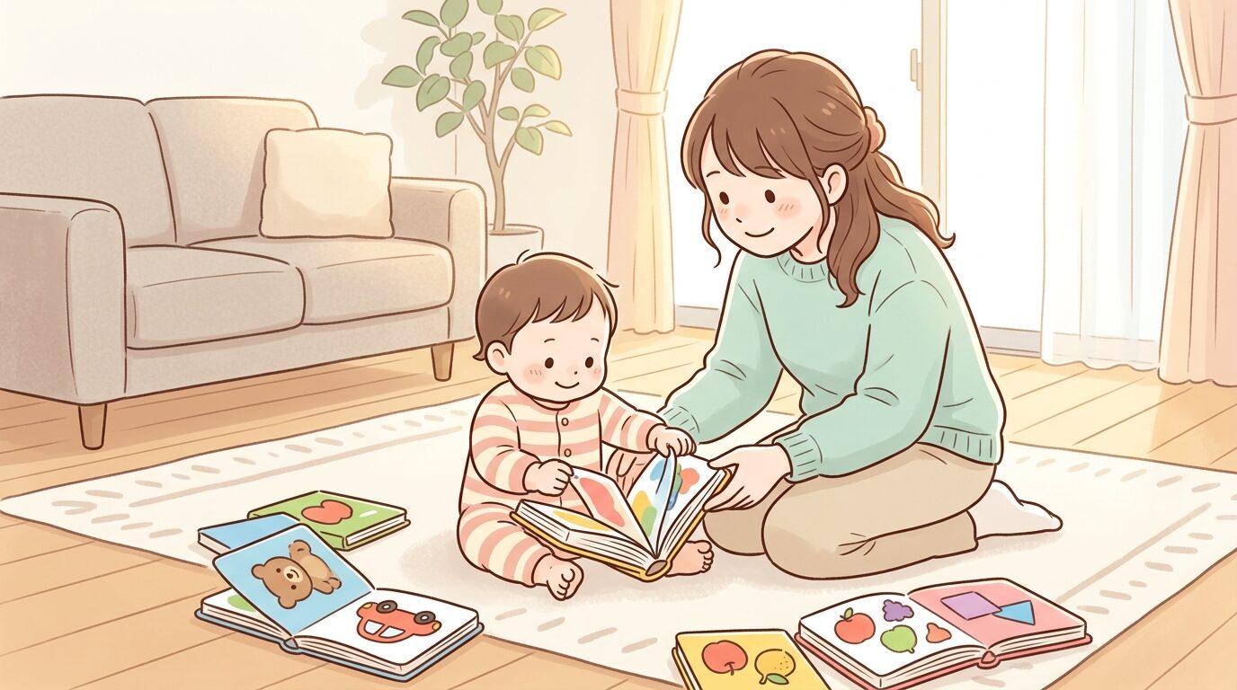 絵本を破ろうとする1歳児の手を優しく見守る親、リビングの床に散らばった数冊のボードブック