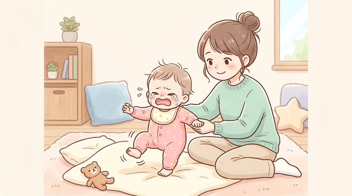 リビングで昼寝を嫌がり泣きながら立ち上がろうとする1歳の赤ちゃんと、それを優しく見守る母親