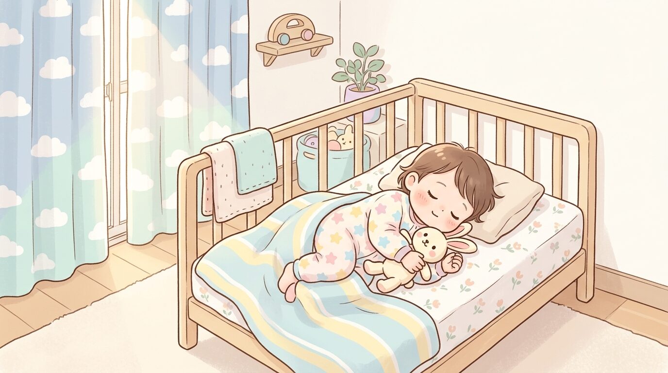 遮光カーテン越しの柔らかな光が差す寝室で、お気に入りのぬいぐるみを抱いて眠る1歳児