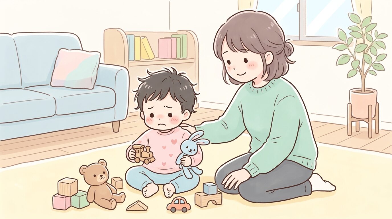 リビングでおもちゃを両手に持ちながら困った表情をする1歳児と、それを優しく見守る母親