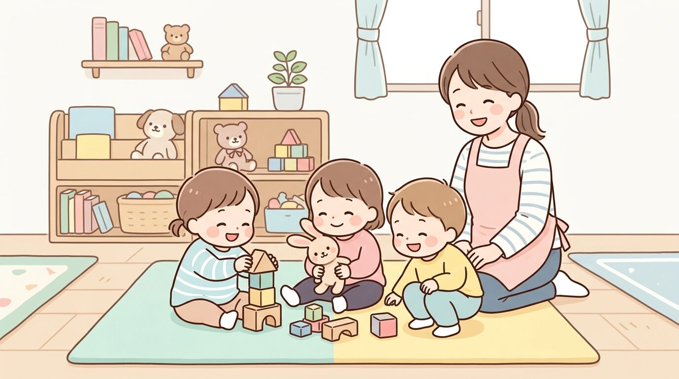 保育園の室内で複数の1歳児がおもちゃを囲んで遊び、保育士がそばで見守っている様子