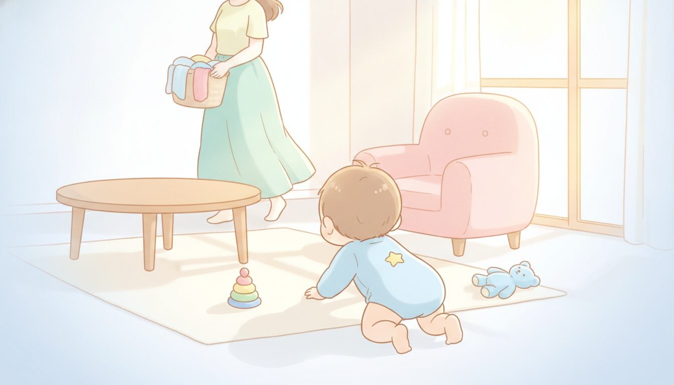 リビングでハイハイをしながら母親の後を追いかける1歳児の後ろ姿、温かい午後の光が差し込む部屋