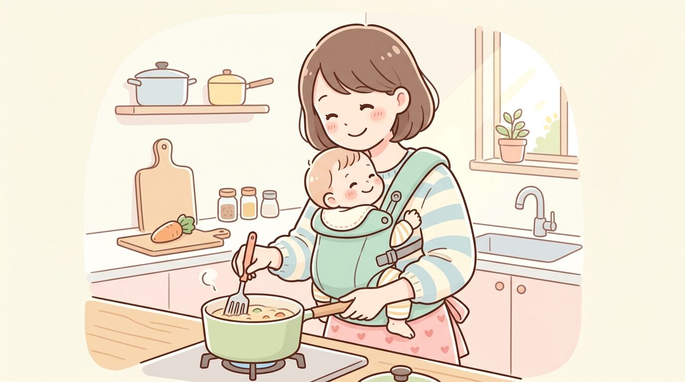 キッチンで抱っこひもを使いながら料理をする親と、その中で安心した表情の赤ちゃん