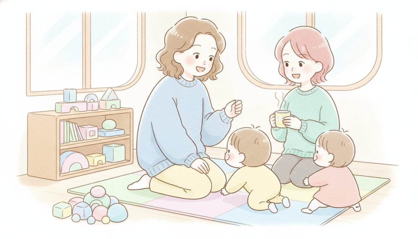 子育て支援センターで他の親子と談笑しながら1歳児を見守る親の様子、明るく穏やかな室内