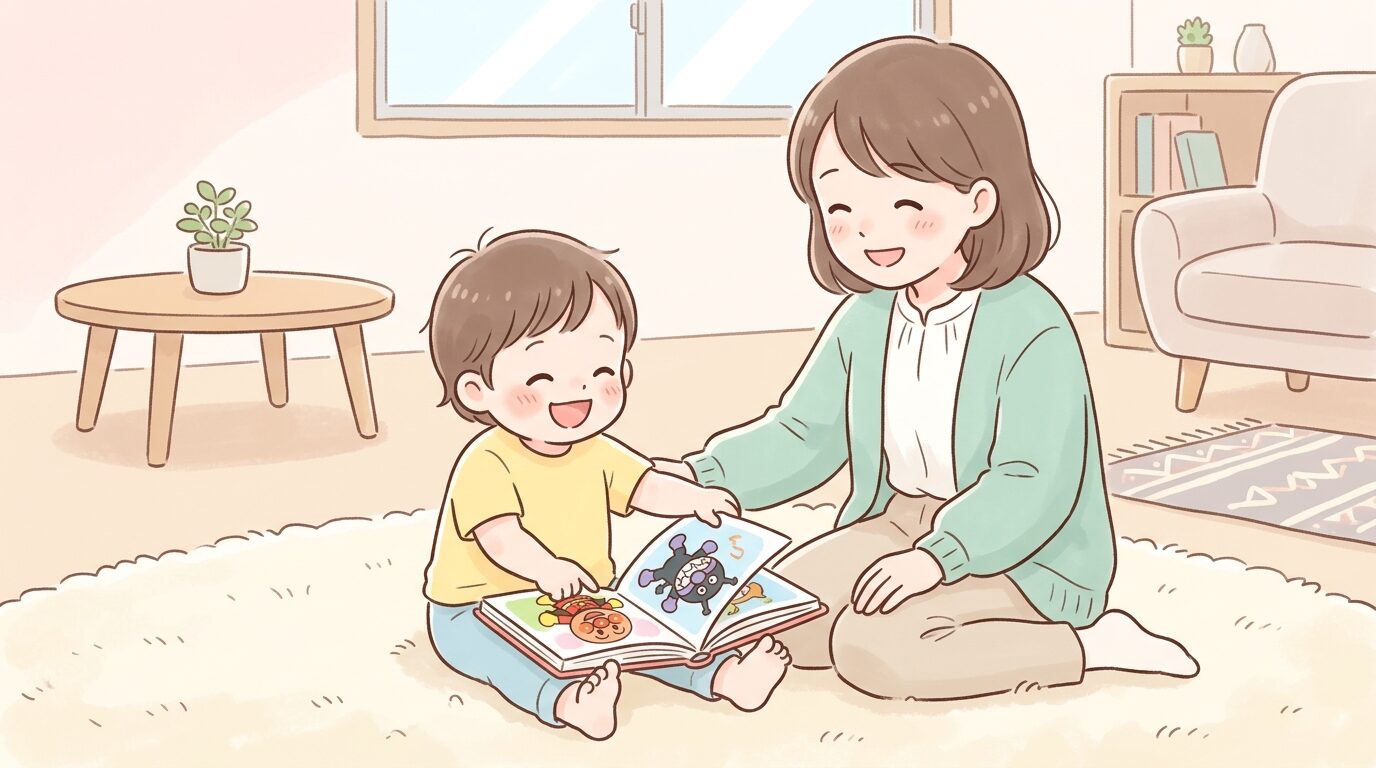 リビングでアンパンマンの絵本を楽しそうにめくる2歳くらいの子どもと見守る母親
