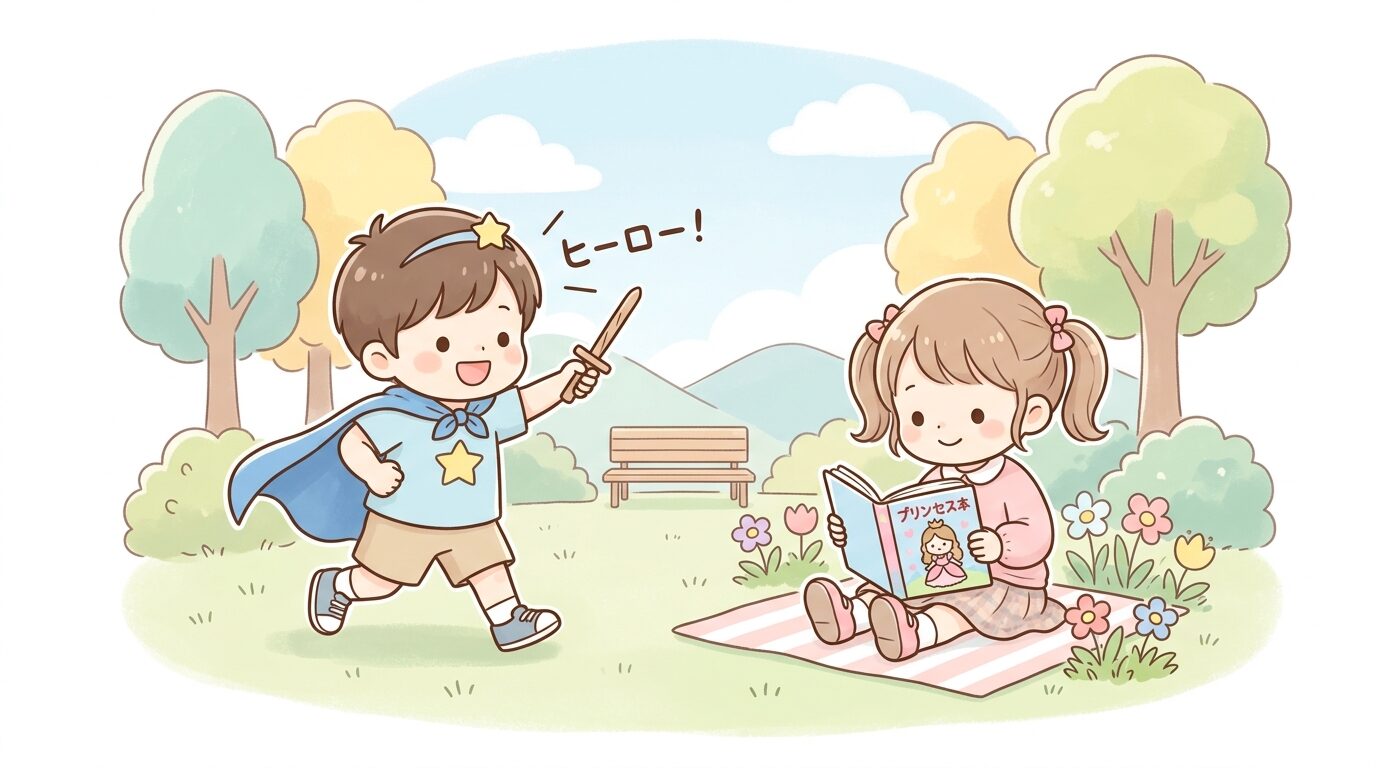 公園でヒーローごっこをして遊ぶ3歳前後の男の子と、プリンセスの絵本を読む女の子