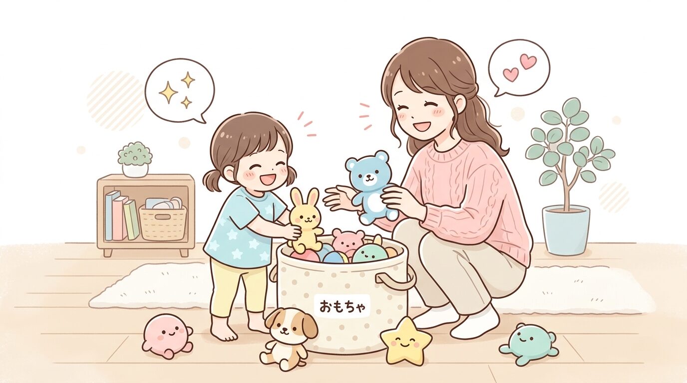 親子でキャラクターグッズのぬいぐるみを片付けながら笑顔で会話する様子