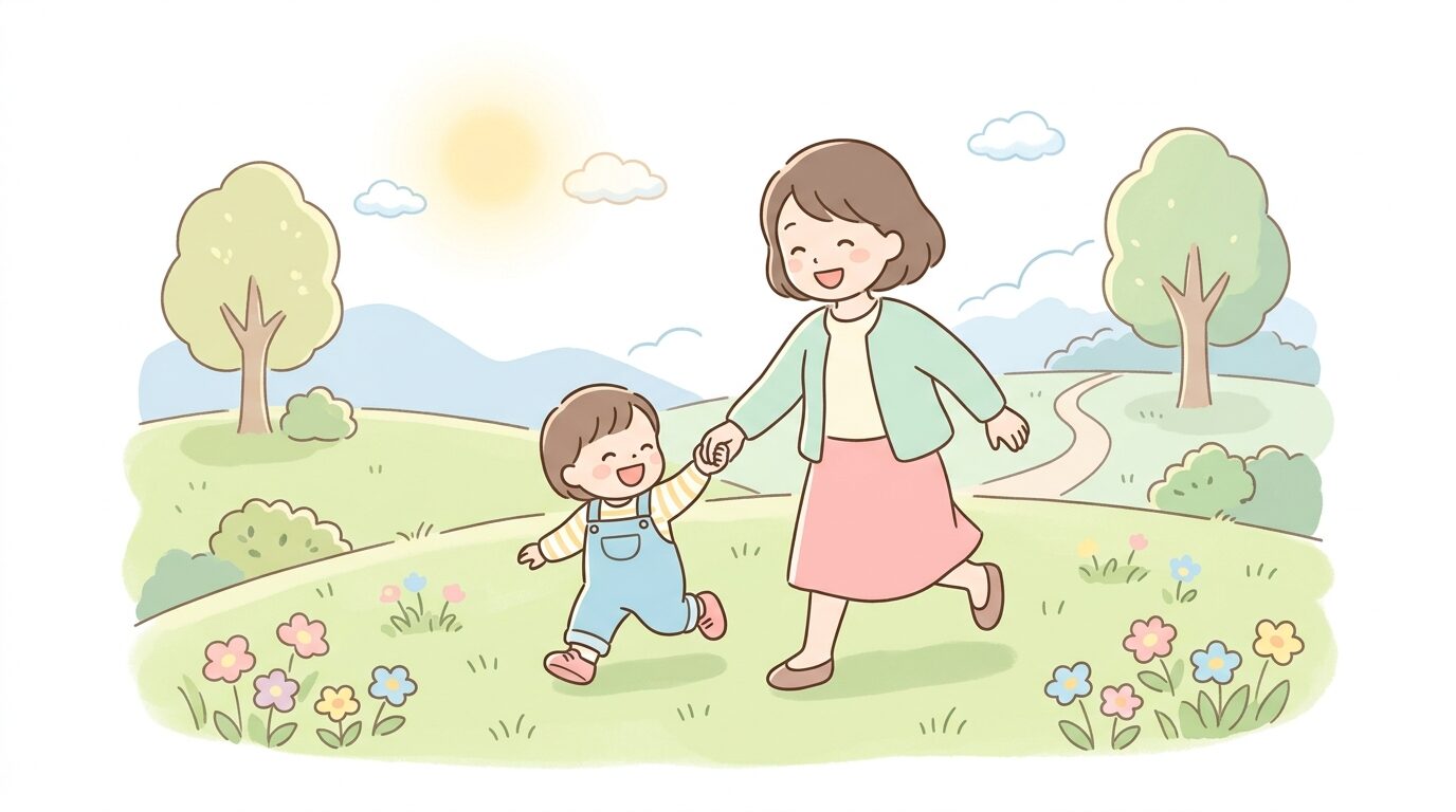 公園の芝生の上で親子が手をつないで笑いながら走っている様子、柔らかい午前の光