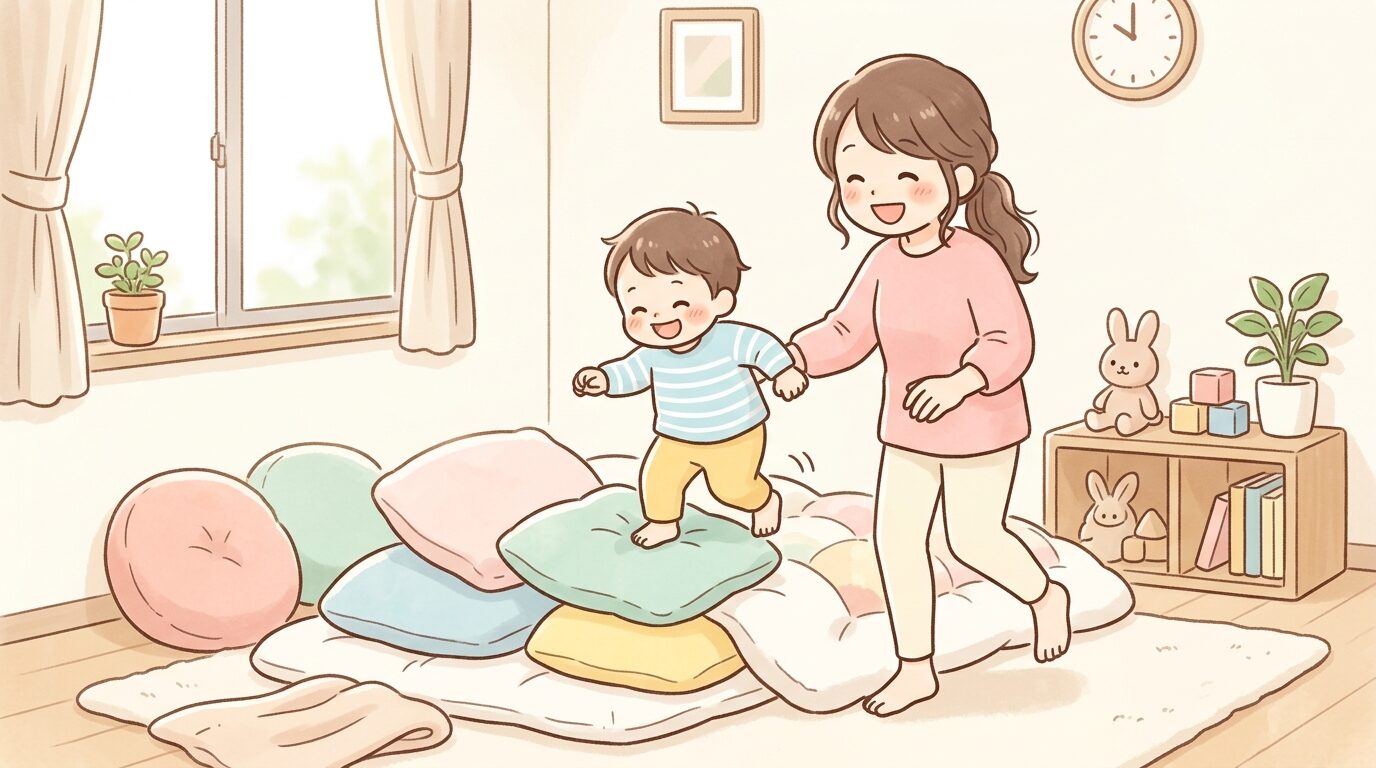 リビングで親子が布団やクッションを使って室内運動を楽しんでいる様子、明るく温かみのある雰囲気