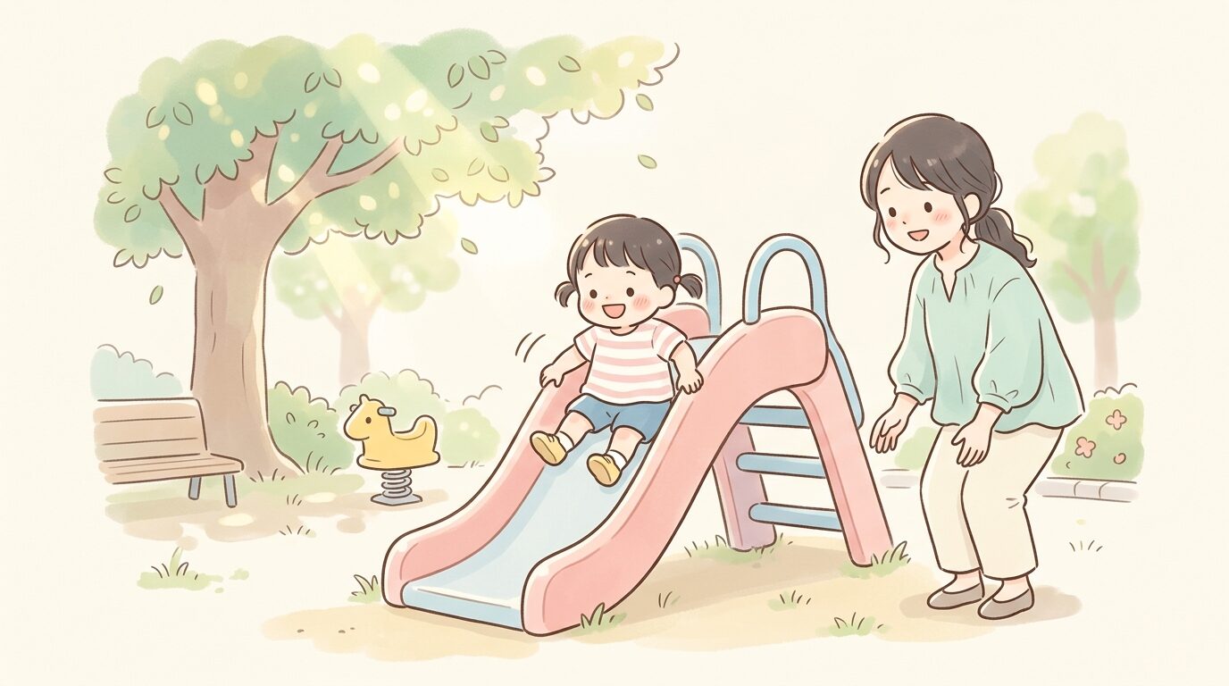 公園ですべり台を楽しむ2歳くらいの子どもを見守る母親、木漏れ日が差す穏やかな午後