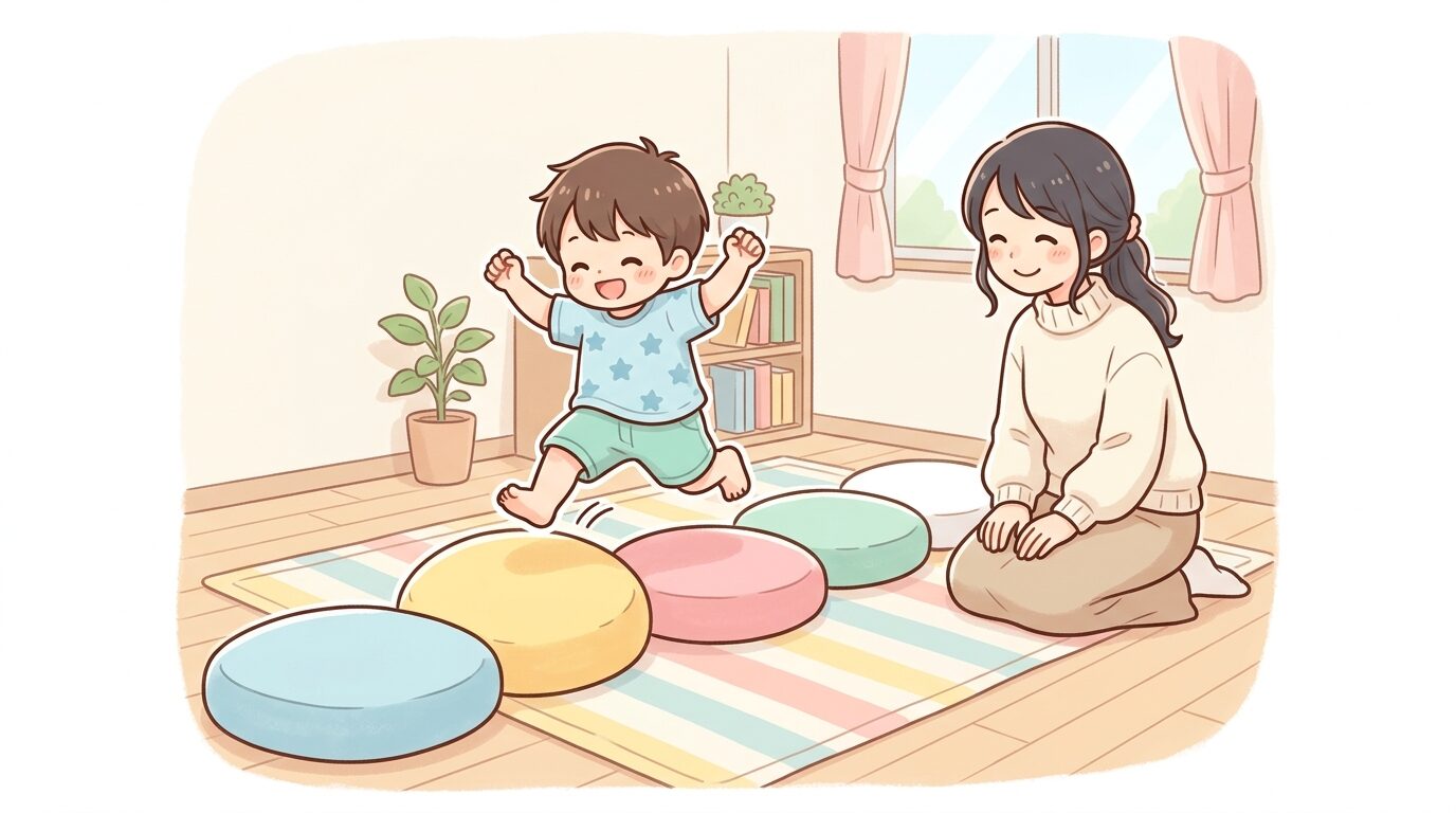 リビングの床でクッションを並べたコースを楽しそうにジャンプして渡る2歳の男の子と見守る母親
