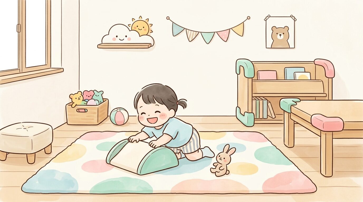 床にラグを敷き家具の角にコーナークッションを取り付けた安全な子供部屋の様子