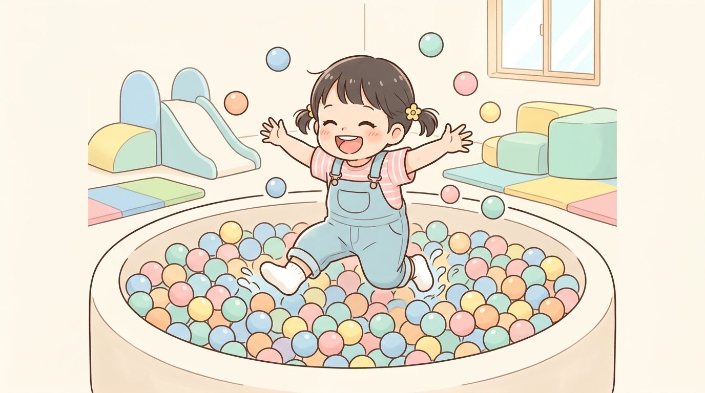 室内キッズスペースでボールプールに飛び込んで笑う2歳児の女の子