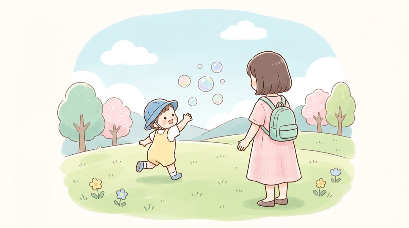 芝生広場でシャボン玉を追いかける2歳児と見守る母親の後ろ姿