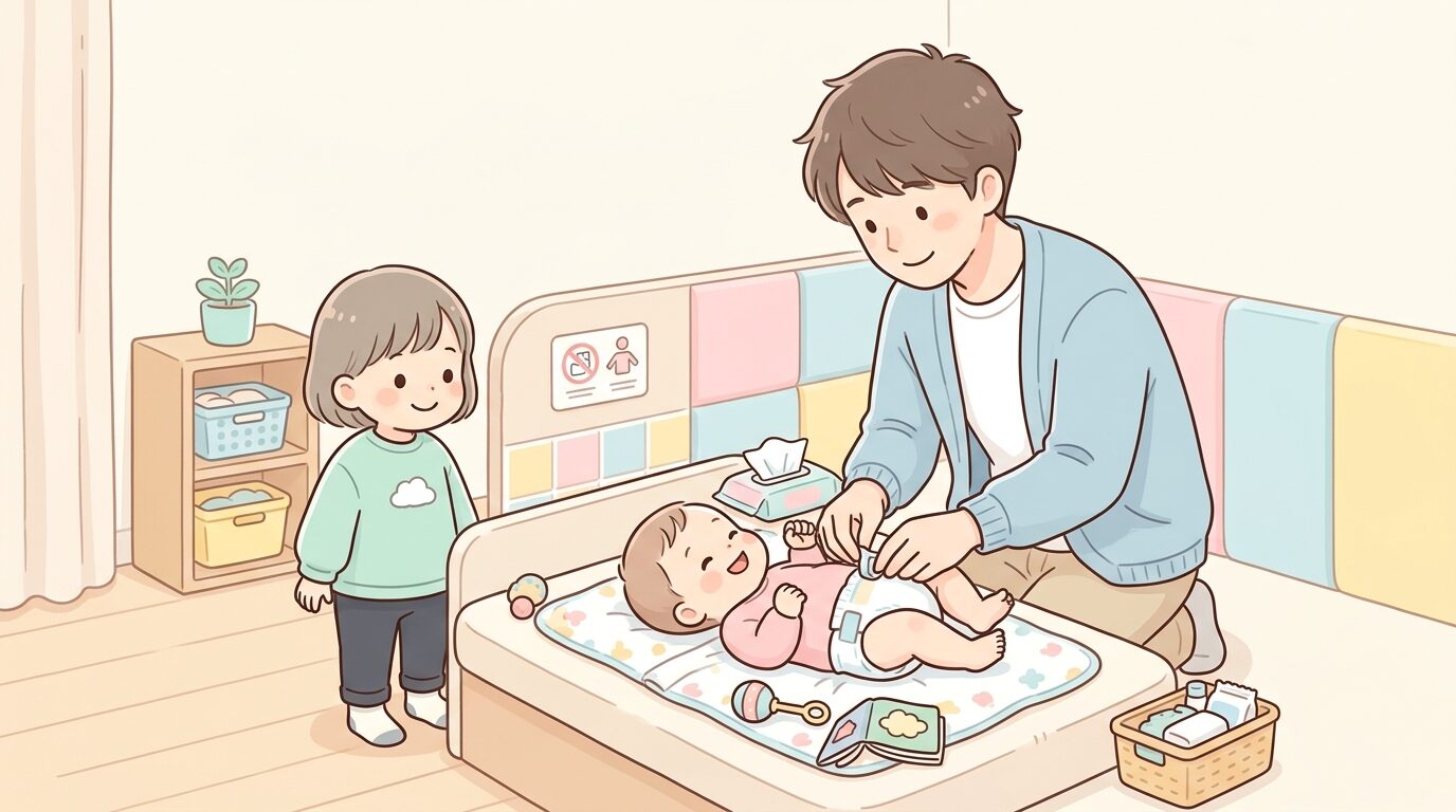 おむつ替えシートで赤ちゃんのお世話をする父親と隣で待つ2歳児