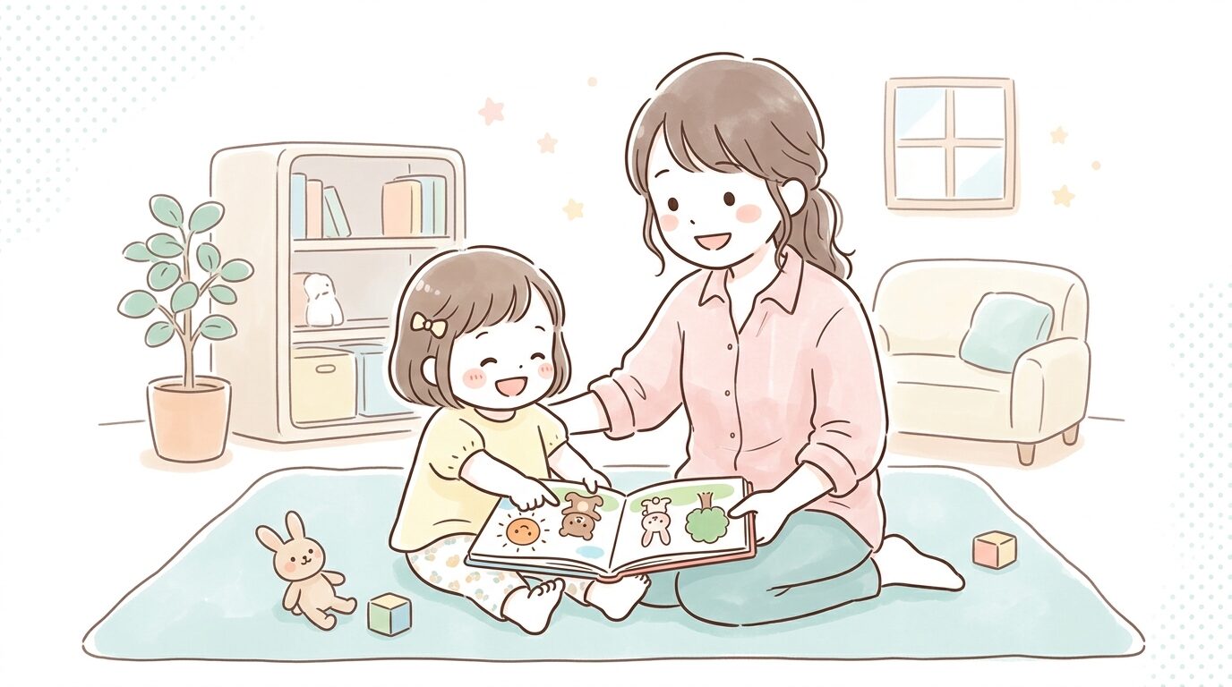 リビングで絵本を指さしながら親子で楽しそうに会話する2歳の子どもと母親