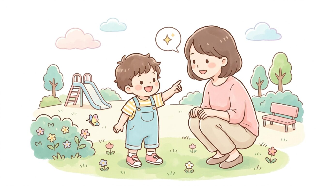 公園で指差しをしながら楽しそうに親に何かを伝えようとする2歳児の様子