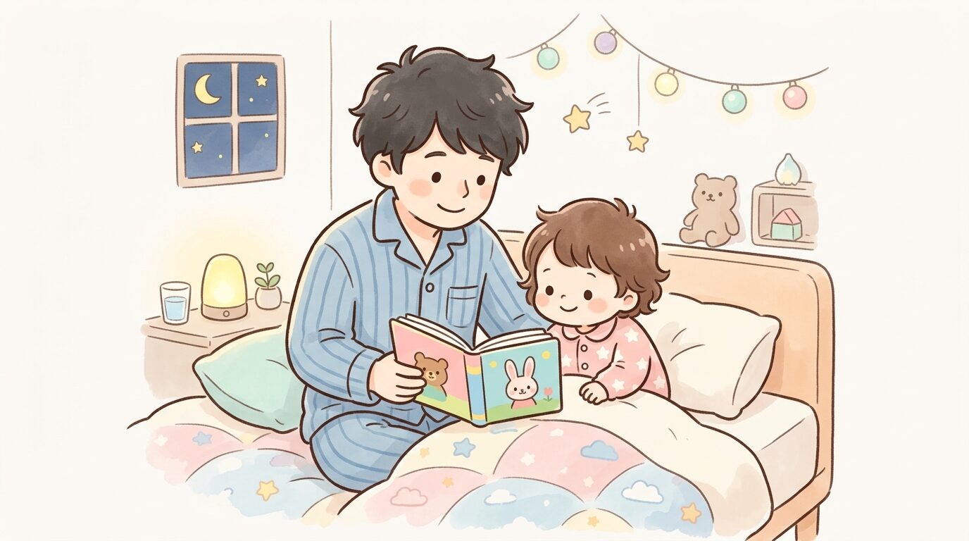 寝る前に子ども部屋のベッドで絵本を読み聞かせる父親と2歳児の温かい雰囲気