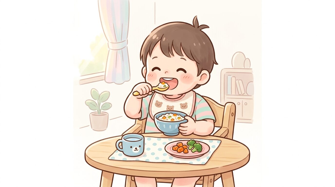 リビングのテーブルで小さな茶碗を持ち、笑顔でスプーンを使って自分で食べようとする2歳児