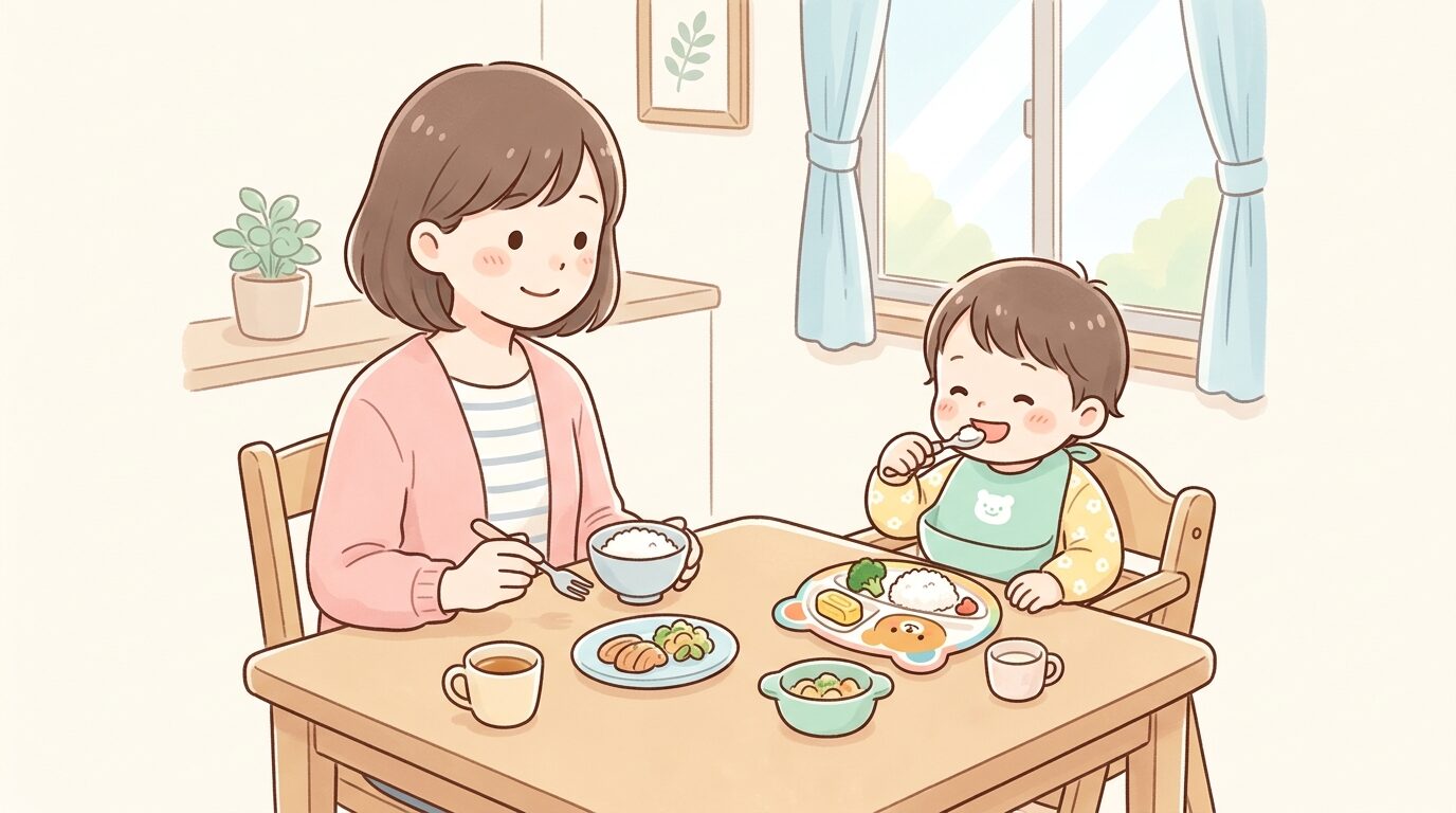 ダイニングテーブルで親子が向かい合い、落ち着いた雰囲気で一緒に食事を楽しむ様子