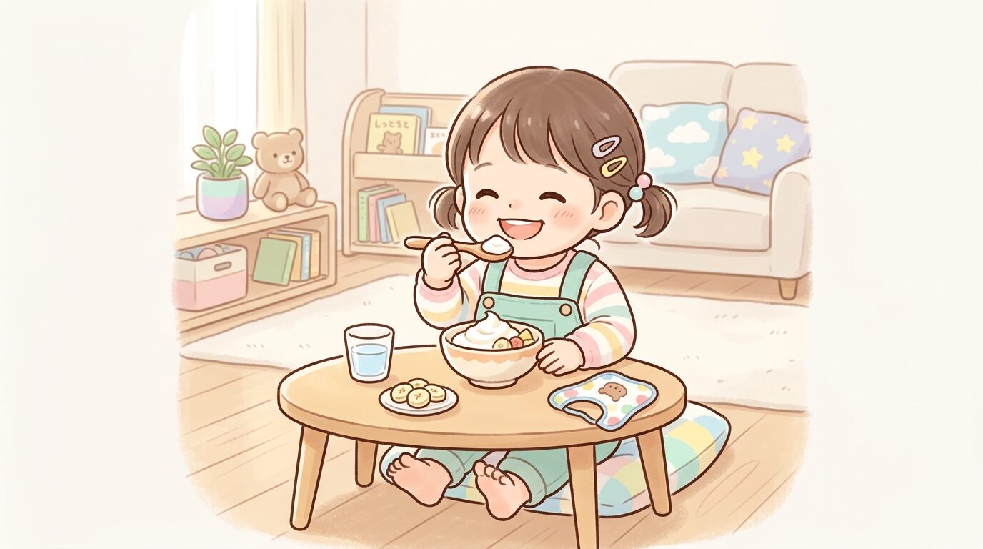 リビングのローテーブルでバナナとヨーグルトのおやつを笑顔で食べる2歳くらいの子ども
