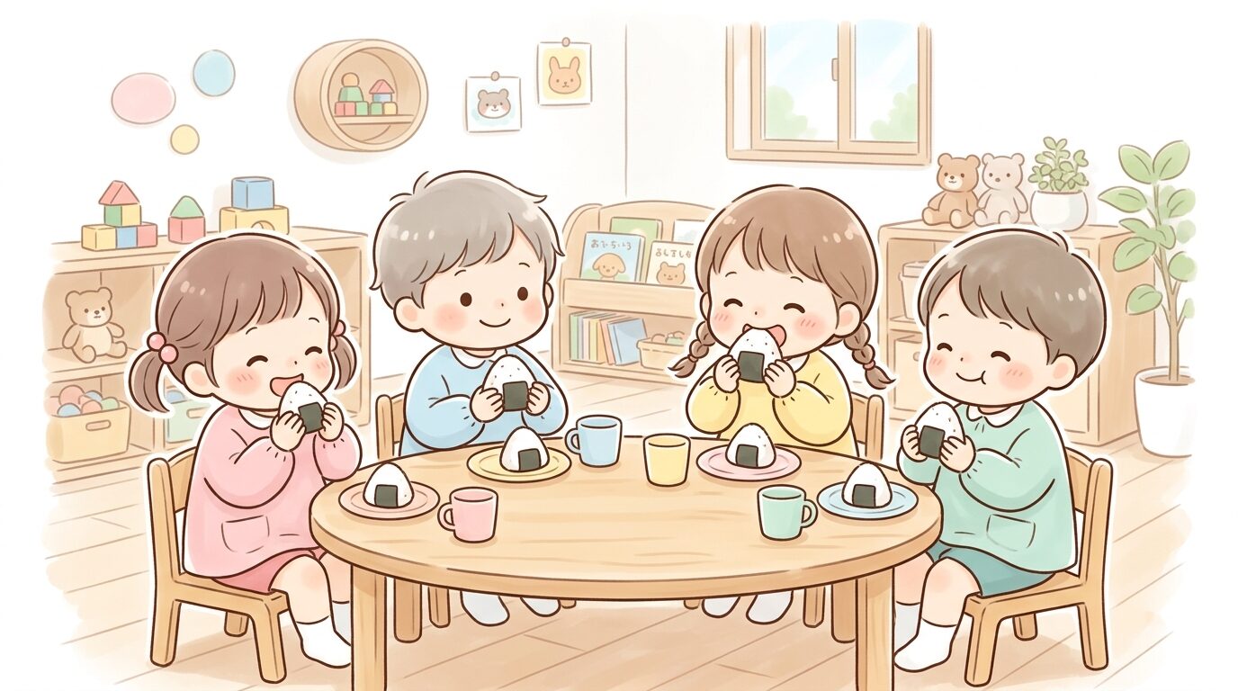 保育園の教室でテーブルを囲みおやつのおにぎりを食べる2歳児クラスの子どもたち