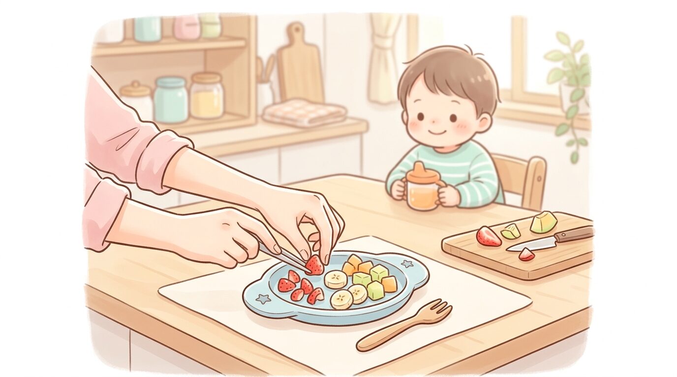キッチンで小さく切ったフルーツを子ども用のお皿に盛り付ける親の手元