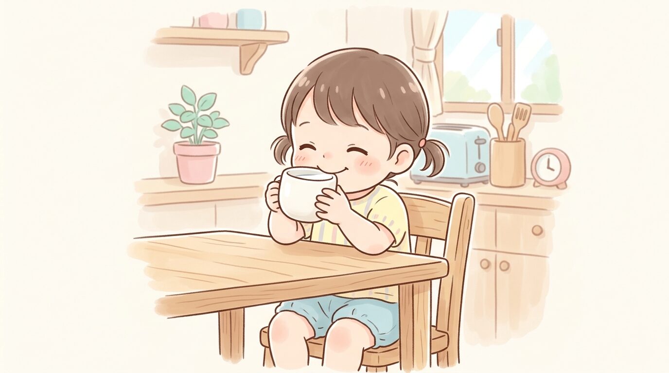 キッチンのテーブルでコップに入った牛乳を両手で持ち嬉しそうに飲む2歳くらいの子ども