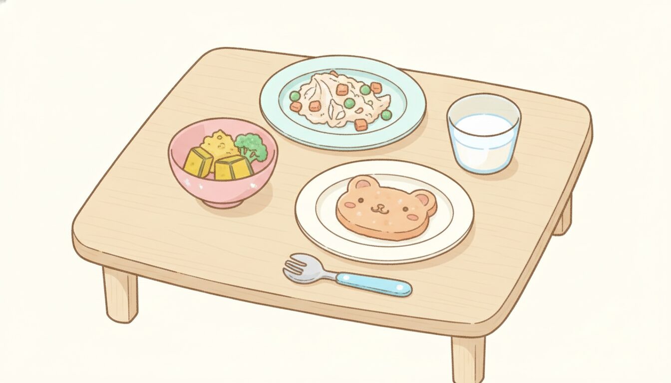 食卓に並んだ野菜や魚を使った幼児食と少なめのコップに入った牛乳