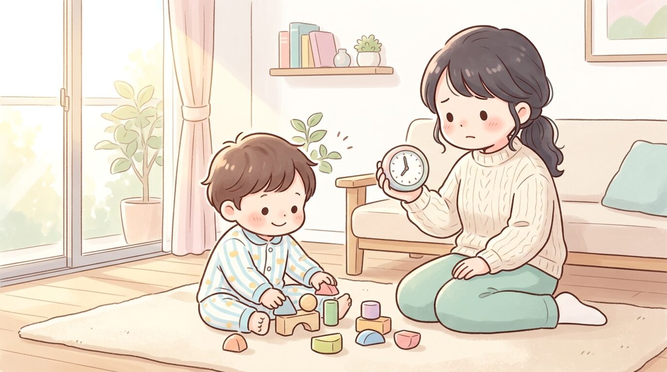 朝の光が差し込むリビングで、パジャマ姿のまま床に座り込んで遊んでいる2歳児と、時計を気にしながら見守る母親