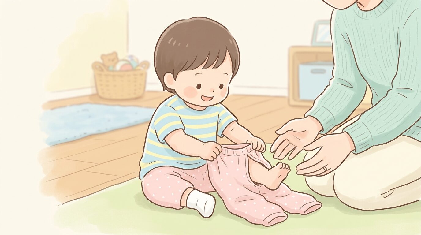 床に座り、ズボンの足を通す練習をする2歳児の手元と、優しく声をかけながら見守る親の手