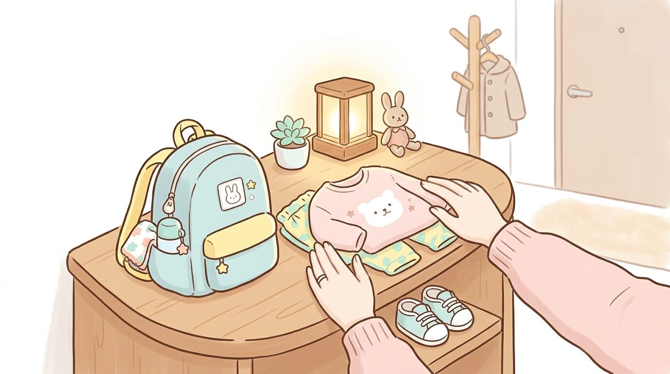 夜、玄関近くの棚に翌朝着る子ども服とリュックを並べて準備する親の手元、温かみのある照明
