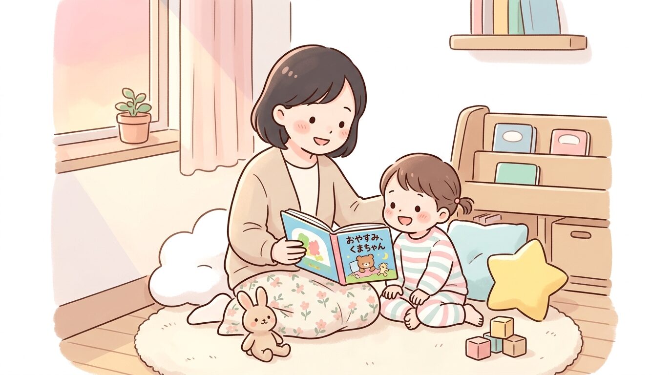 夕方の柔らかい光が差し込むリビングで絵本を読んでもらう2歳児と母親の温かい雰囲気