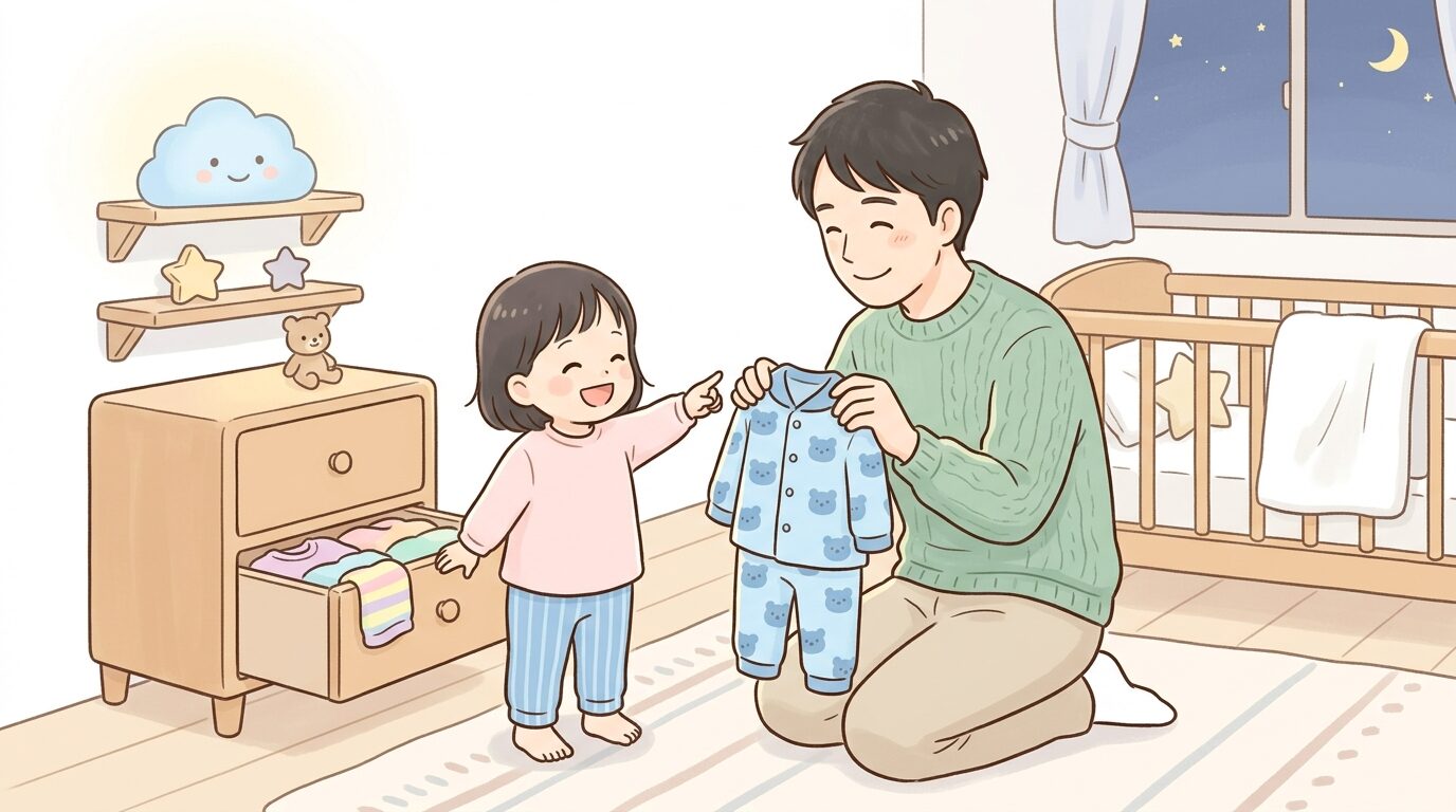 夜の寝室でパジャマを選んでいる笑顔の2歳児と見守る父親の穏やかなシーン