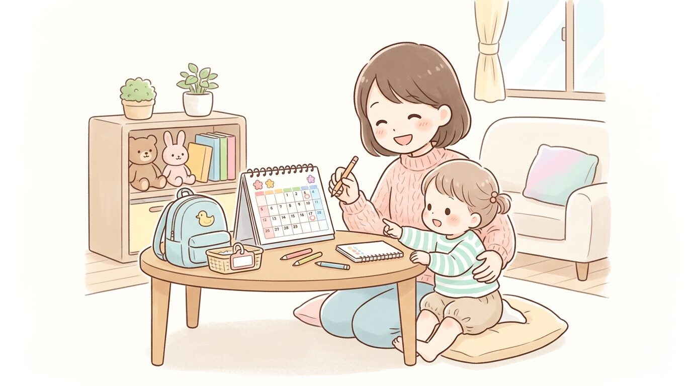 リビングでカレンダーを見ながら入園準備の計画を立てる母親と2歳の子ども