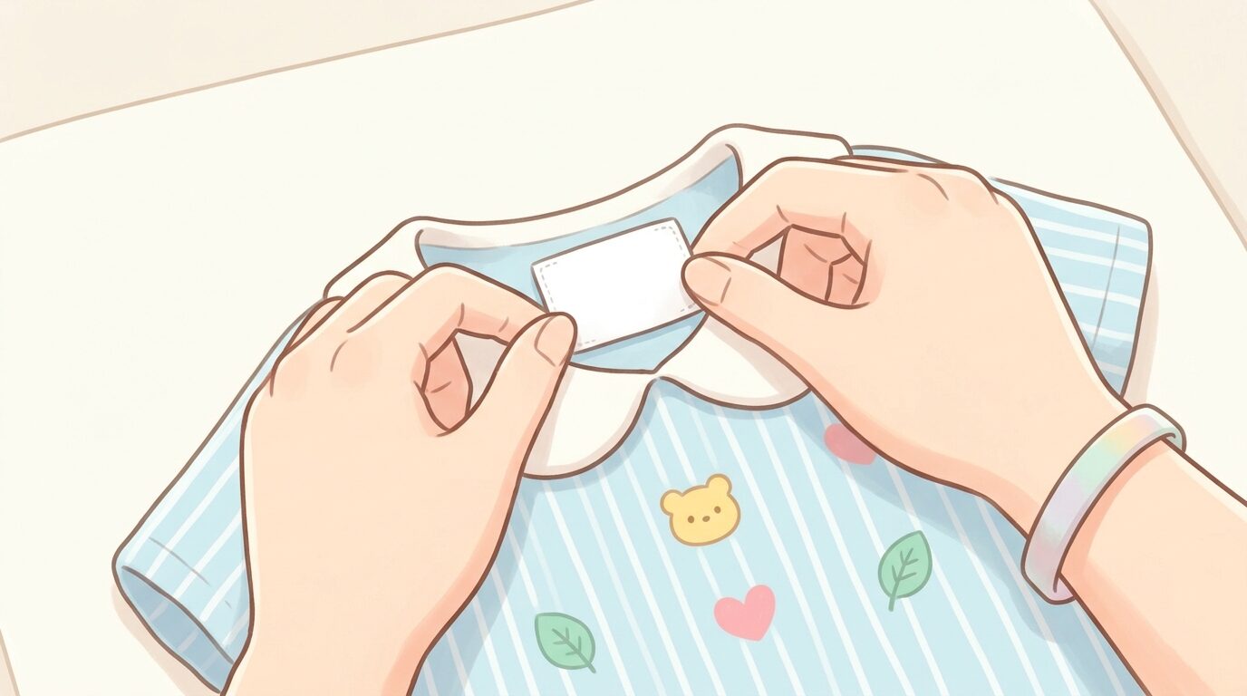 子ども服の襟元にお名前シールを貼る手元のクローズアップ