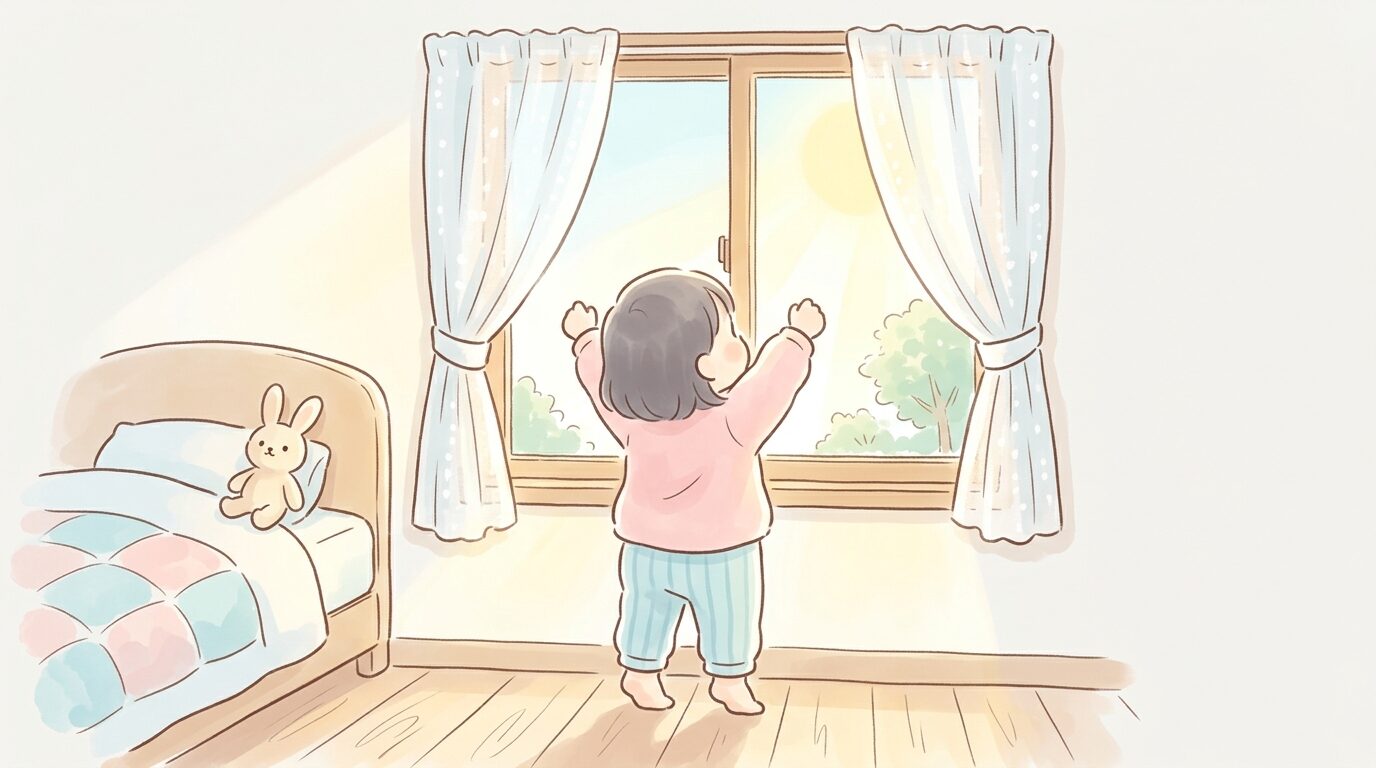 朝カーテンを開けて日差しを浴びながら伸びをする2歳児の後ろ姿