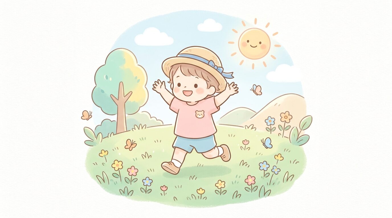公園の芝生で麦わら帽子をかぶり楽しそうに走る2歳くらいの子供、夏の明るい日差し
